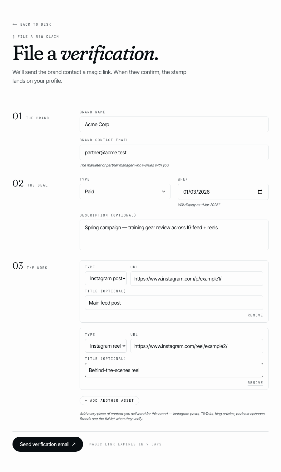 Screenshot of the attesta.to new-verification form filled in with Acme Corp, Instagram, Paid, March 2026.