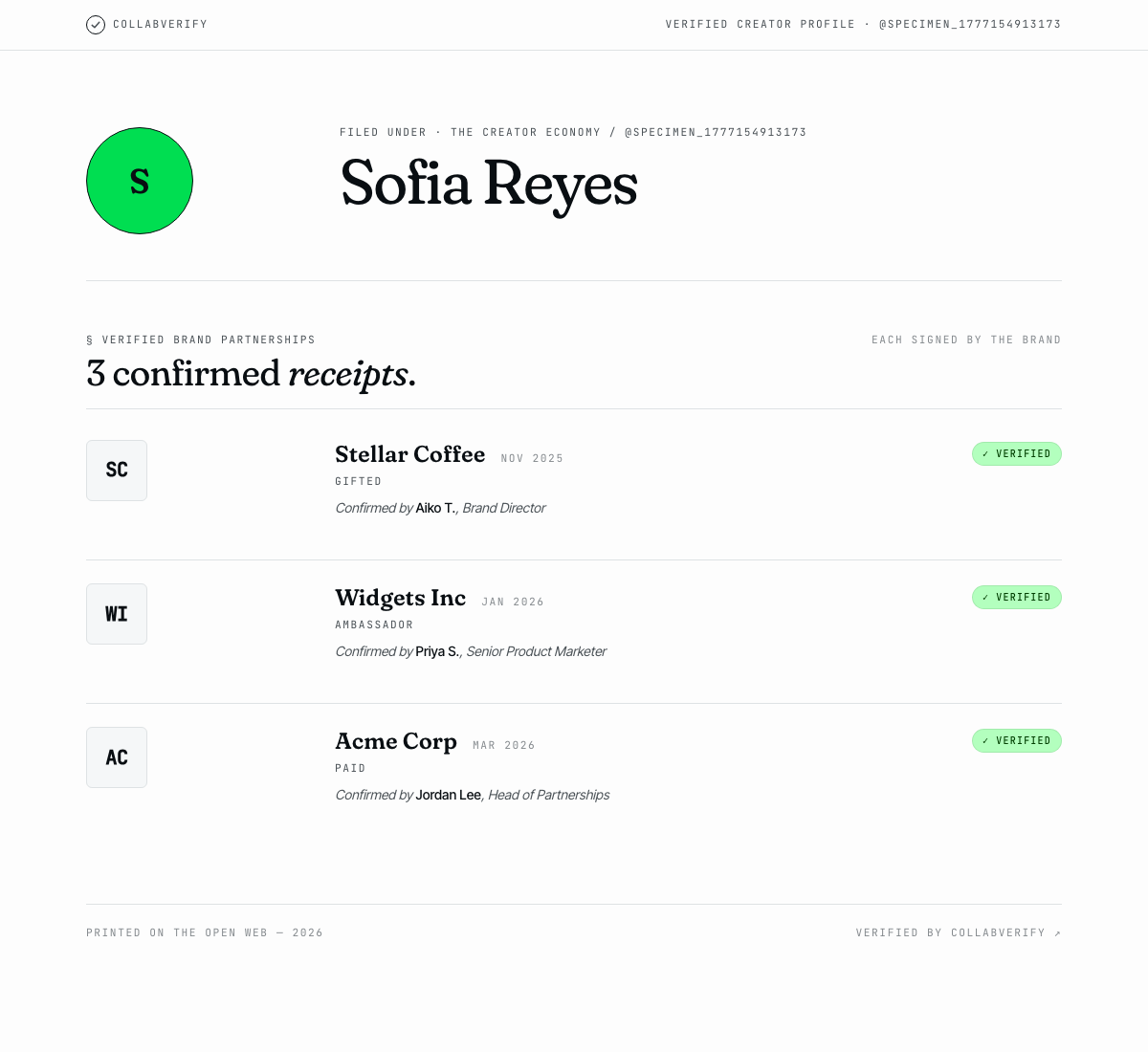Sofia Reyes' public profile listing three brands each with a green Verified badge.